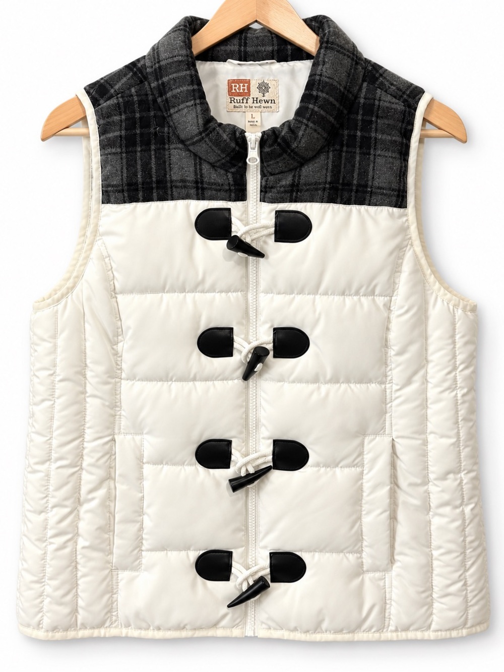 Ruff Hewn Ivory Plaid Puffer Vest Toggle Front Wool Blend Size L